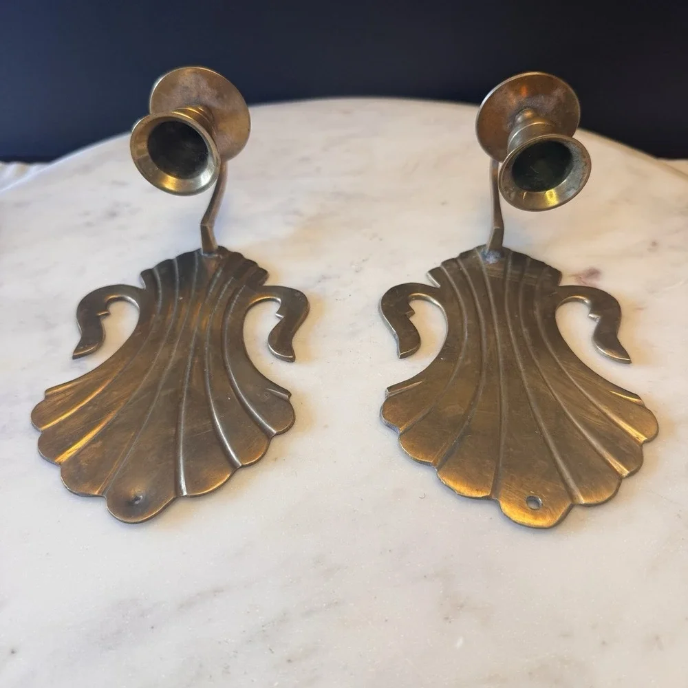 Pair Of Vintage Solid Brass Scalloped Shell Wall Sconce Candle Holders